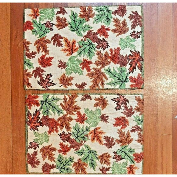 Set of 2 Fall Leaf Glittery Placemats Colorful Rectangle Tapestry - Picture 1 of 7